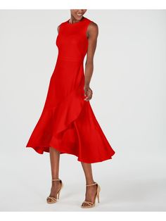 CALVIN KLEIN|Style; Dress|Occasion; Formal|Size; 10|Material; Polyester|Color; Red|Jewel Neck High Low Midi Dress, Calvin Klein Red, Plus Size Designers, Review Dresses, Calvin Klein Woman, Trendy Plus Size, Dress Red, Formal Dress, World Of Fashion