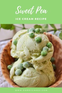 two scoops of ice cream in a wooden bowl with green peas on top and the words, sweet pea ice cream recipe