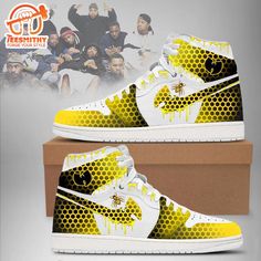 Wu-Tang Clan Hive Custom Air Jordan 1 Sneakers Step into style and comfort with our Air Jordan 1 Shoes, a timeless icon in the world of footwear. Designed for ultimate versatility, these sneakers seamlessly blend fashion and functionality. The classic silhouette pays homage to its heritage while incorporating modern elements for a contemporary edge. Crafted with precision, the shoes feature premium materials for durability and a luxurious feel. The cushioned midsole provides unmatched comfort, m Luxury Classic Custom Sneakers, Streetwear Fade-resistant Jordan Shoes, Casual Jordan Shoes With Breathable Synthetic Material, Casual Jordan Shoes With White Sole For Streetwear, Casual Jordan Shoes For Light Sports, Casual Jordan Shoes For Light Sports With Laces, Casual Jordan Shoes With Lace-up White Sole, Modern Yellow Breathable Sneakers, Casual High-top Jordan Shoes