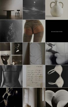 a collage of black and white images with different shapes, sizes, and colors