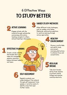 a woman is reading a book with the text 6 effective ways to study better