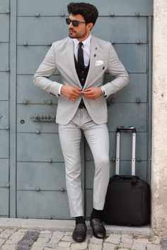 Bojo Slim-Fit Patterned Suit Grey ( BIG SIZES )-baagr.myshopify.com-suit-BOJONI Patterned Suit, Blazer Outfits Men, Pants Gift, Wedding Outfit Men, Men Photography, Fashion Suits, Wedding Suit, Slim Fit Suit, Groom Attire