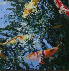 an oil painting of koi fish in a pond