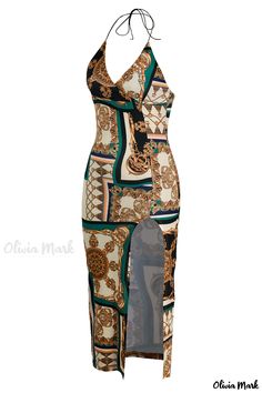 Olivia Mark - Vestido clásico con falda lápiz estampado marrón y elegante escote halter alto Chic Fitted Printed Midi Dress, Chic Multicolor Bodycon Dress, Chic Printed Midi Dress For Night Out, Pencil Skirt Dress, Classic Brown, Printed Pencil Skirt, Halter Neckline, Skirt Dress, Olivia Mark