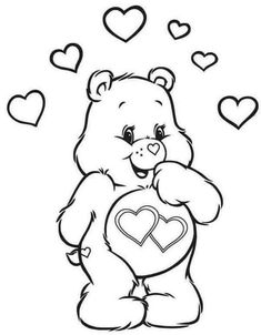 a black and white teddy bear holding a heart with hearts flying around it in the background