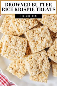 rice krispy treats on a plate with text overlay that reads, brownie butter rice krispie treats