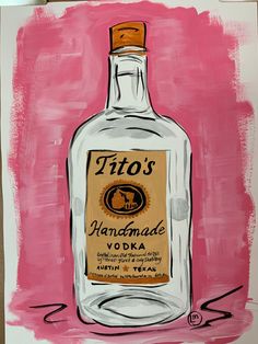 a painting of a bottle of tios handmade vodka on a pink and white background