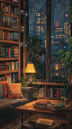 a living room filled with furniture and a book shelf full of books next to a window