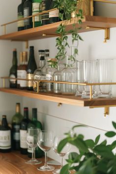 wine glasses and bottles on shelves in a room