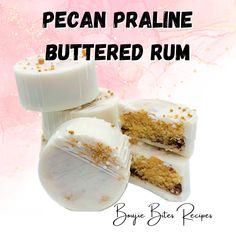 three pieces of pecan pralie buttered rum on top of each other