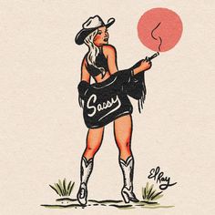 a drawing of a woman with a cowboy hat and lasso skirt holding a hot dog