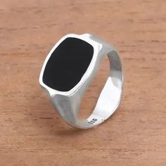 Rectangular Sterling Silver Signet Ring from Bali - Dark Realm | NOVICA Modern Adjustable Signet Ring For Formal Occasions, Modern Formal Signet Ring, Modern Signet Ring With Rectangular Stone And Polished Finish, Modern Silver Signet Ring With Black Enamel, Minimalist Rings With Polished Rectangular Stone, Minimalist Rings With Polished Finish And Rectangular Stone, Classic Square Sterling Silver Rings, Modern Silver Ring With Rectangular Stone, Modern Black Sterling Silver Signet Ring