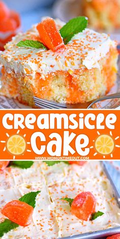 a close up of a cake with oranges on top and the words creamsice cake above it