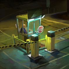 a painting of a bus stop with a man sitting in the window and a stop sign at the door