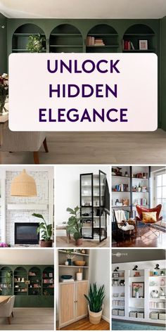 a collage of photos with the words unlock hidden elegance in purple and green colors