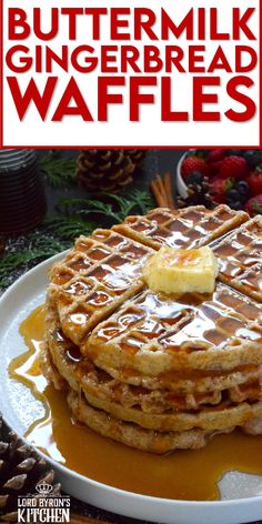 buttermilk and gingerbread waffles on a white plate