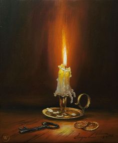 a painting of a lit candle on a table with scissors and other items around it