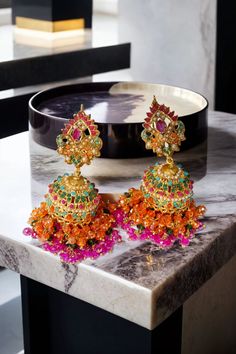 Sahana Matte Gold Plated Multicolor Jhumkas - Navratan Indian jewelry