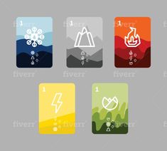 four square icons with different colors and symbols in the middle one has an arrow, two are