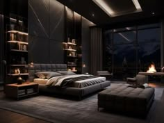 a bedroom with a large bed in the middle of it and lots of shelves on the wall