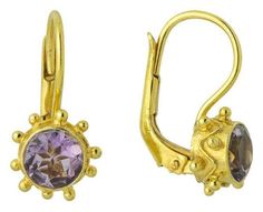 This amethyst is resplendent in its gold granule settings Hand-crafted of 24k gold over sterling silver. European backs. Size: 5/8 Inch. Maid Marian, Lapis Earrings, Hot Jewelry, Spring Jewelry, Design Earrings, Amethyst Earrings, Jewellery Design, Indian Jewellery, Gold Vermeil