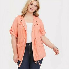 Torrid Orange Peach Linen Blend Hooded Anorak Size 2X Snap Front Pockets. Like new! Excellent Condition- "Pre-owned". Pit to pit 27", length 32". Offers welcome Inventory Y Collarless Denim Jacket, Plus Size Jackets, Chiffon Kimono, Zip Coat, Maxi Shirts, Lace Kimono, Twill Jacket, Maxi Shirt Dress, Anorak Jacket