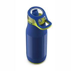 a blue and yellow water bottle with a handle on the side, in front of a white background