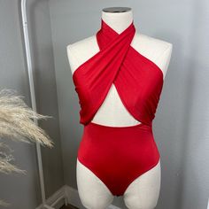 Available Colors: Red & Black Made In Mexico Fabric: Venezia Available Size In S M L & Xl Red Sleeveless Bodysuit For Club, Red Halter Neck Bodysuit With Lined Body, Red One-piece Swimwear For Night Out, Chic Red Swimwear For Night Out, Red One-piece Bodysuit For Night Out, Red Sleeveless Swimwear For Night Out, Satin Corset Top, Black Lace Cami, Studded Shorts