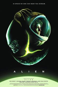 the movie poster for alien starring in space, with an image of a woman wearing a spacesuit