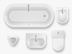 a set of white bathroom accessories including a bathtub, sink and toilet paper dispenser