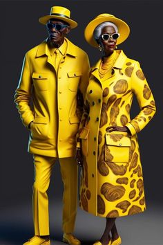 two people in yellow outfits and hats standing next to each other with their hands on their hips