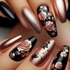 In this post, you will find 7 unique Rose Gold and Black Nails Ideas. These designs are easy to do and look very classy. Black And Gold Nail Art Designs, Black Rose Nail Art, 40th Nails, Black Rose Gold Nails, Rose Gold And Black Nails, Floral Acrylics, Black And Rose Gold Nails, Black Rose Nails, Gold And Black Nails