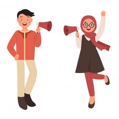 man and woman in hijab with megaphones