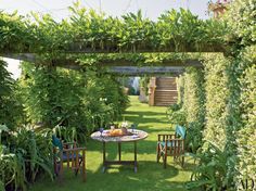 an outdoor table and chairs in the middle of a garden with lots of greenery