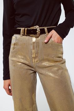 Elevate your party attire with our Glamorous Gold Straight Leg Jeans, a dazzling fashion statement that combines comfort and high-style. Radiant Metallic Glow: These jeans feature a captivating gold metallic finish, perfect for adding a touch of glamour to any party or festive occasion. Premium 100% Cotton Material: Crafted from high-quality cotton, these jeans provide both comfort and a flattering drape, ensuring you look and feel great throughout your event. Flattering Straight Leg Cut: The cl