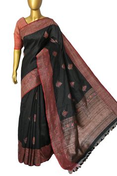 This latest collection is in a black and red color combination, a pure tussar silk banarasi saree with golden zari and meenakari work, and in an alluring meenar butta work on the body and traditional meenakari work on the pallu and the border and all over. Color: A shade of black and red color Technique: A pure and refined hand-done work of border with meenakari zari work and traditional meena butta work Fabric: Tussar Quality: IndyVogue's Assurance of Silk Mark Certification Note: Comes with co Black Silk Saree With Zari Work, Elegant Black Saree For Transitional Season, Black Art Silk Saree, Elegant Black Chanderi Saree, Black Silk Traditional Wear For Diwali, Black Silk Saree For Festive Occasions, Festive Black Silk Saree, Diwali Traditional Black Silk Wear, Elegant Black Art Silk Traditional Wear