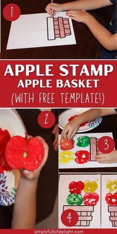 apple basket craft for kids - apple stamping preschool craft, free apple basket template pdf Apple Basket Craft, Apple Stamping Craft, Apple Art Projects, Apple Crafts Preschool, Apple Stamping, Preschool Apple Theme, Craft For Preschool