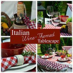 there is a collage of pictures with wine bottles and plates on the table in red and white checkered cloths