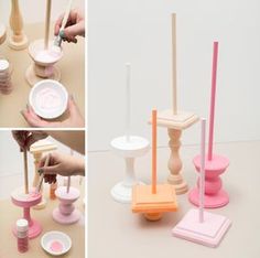 several different pictures of various objects made out of paper plates and wooden dowels, with one person using a brush to paint the other