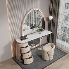 a dressing table with a mirror and stools in front of a curtained window