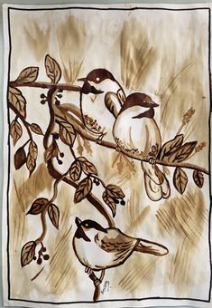 a drawing of two birds sitting on a tree branch