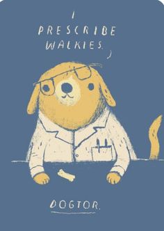 a dog with glasses and a lab coat on it's head is sitting in front of a sign that says, i prescribe wakies