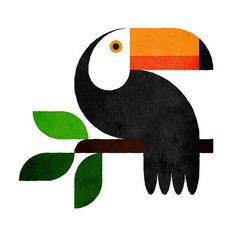 a toucan sitting on top of a tree branch with green leaves around it