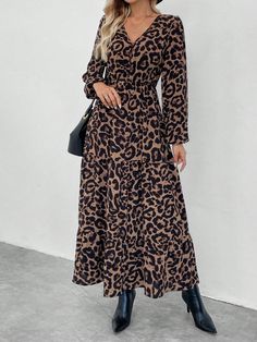 Vintage Leopard Print Waisted Long Sleeve Dress For Women, Autumn/Winter  Leopard Dress Leopard Print Brown Casual  Long Sleeve Woven Fabric Leopard Print,Textured Pattern A Line Non-Stretch  Women Clothing, size features are:Bust: ,Length: ,Sleeve Length: Family Reunion Outfit, Dress Leopard Print, Dress Leopard, Vintage Leopard, Shirred Dress, Lantern Sleeve Dress, Fashion Tights, Leopard Dress, Flounce Sleeve