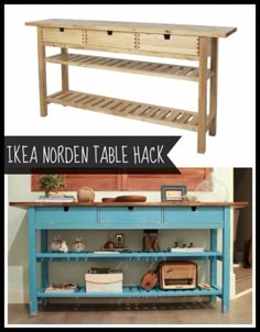 an old wooden table has been transformed into a blue shelf with drawers and shelves underneath it