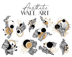 an artistic wall art design with flowers and circles on white background, in black and gold colors