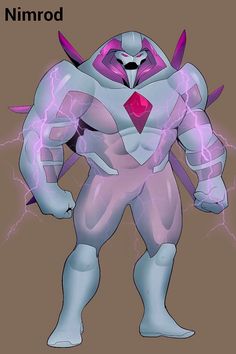 an animated character with purple hair and lightning on his chest, standing in front of a brown background