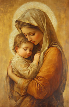 a painting of a woman holding a child in her arms and wearing a veil over her head