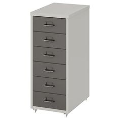 a gray filing cabinet with five drawers on each side and four pullout shelves in the middle