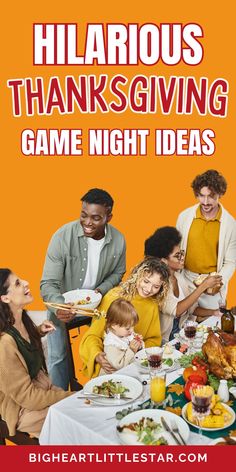 Family having a thanksgiving meal. Text: Hilarious Thanksgiving Game Night ideas Thanksgiving Games For Family Hilarious, Thanksgiving Activities For Adults, Games For Thanksgiving, Thanksgiving Charades, Turkey Bowling